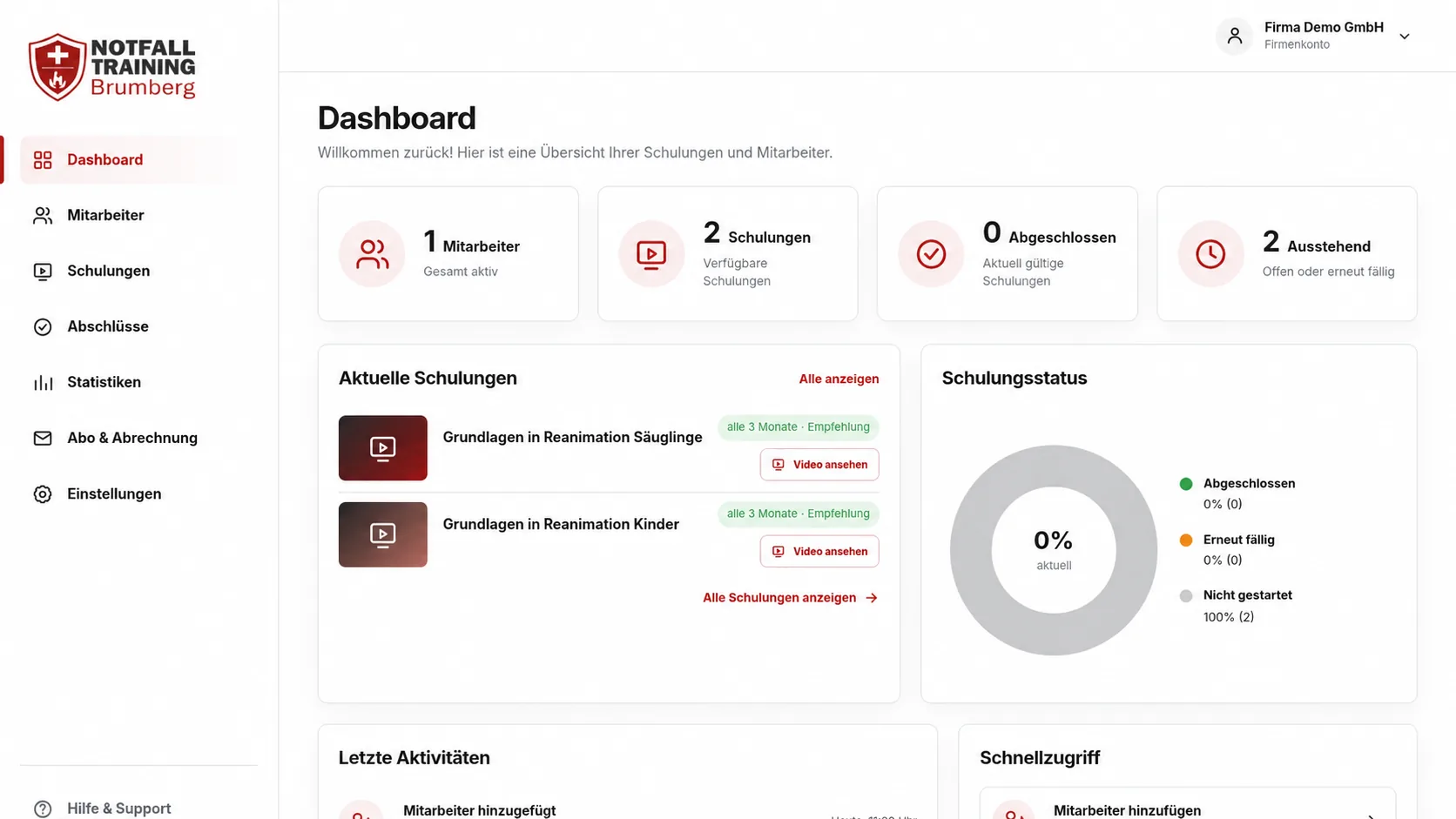 Firmenportal von Notfalltraining Brumberg auf einem Desktop-Bildschirm